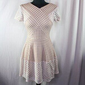 BCBGMaxAzaria Dress Open Weave Lined Short Sleeve V Neck Tan Cream White…